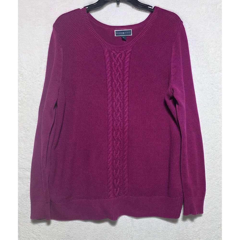 Karen Scott Magenta Purple Cable Knit Shaker Stitch Sweater Size L